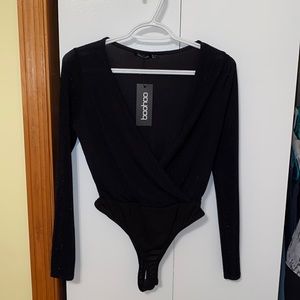 Black deep V body suit